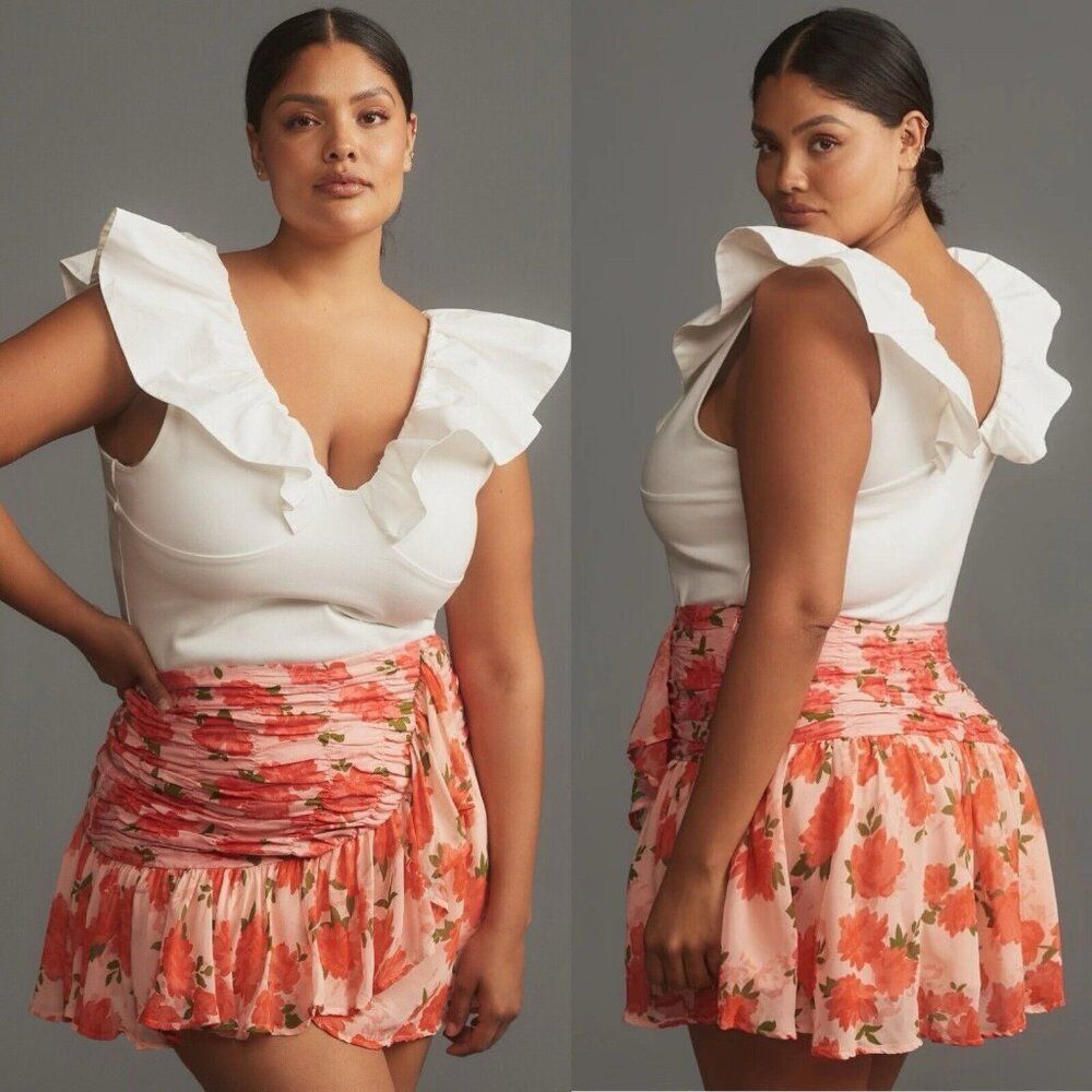 Anthropologie Maeve Ruffled Linen Wrap Mini Skirt Womens Size 20W Pink Combo NWT